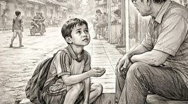ilustrasi anak meminta;  gbr: kreasi AI