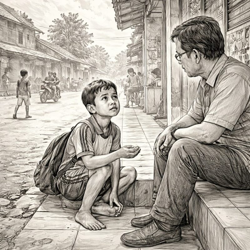 ilustrasi anak meminta;  gbr: kreasi AI