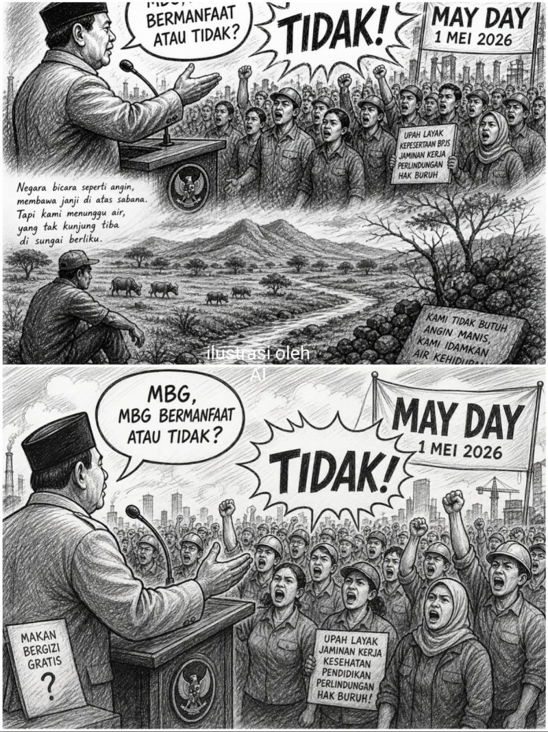Presiden di depan buruh; ilustrasi oleh ChatGPT