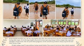 Guru & Murid Menyeberangi Sungai: kolase; AI