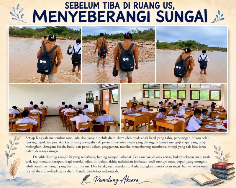Guru & Murid Menyeberangi Sungai: kolase; AI