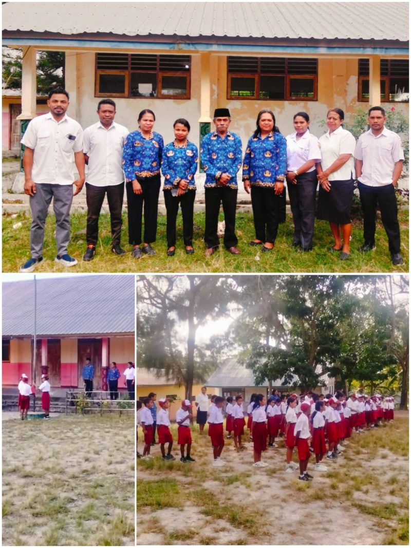 Guru & murid dalam upacara bendera; foto&kolase: WAG SD I Nekmese